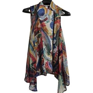 Feratelli Vest Women Small Multi Abstract Chiffon Asymmetrical Moto Zip Top